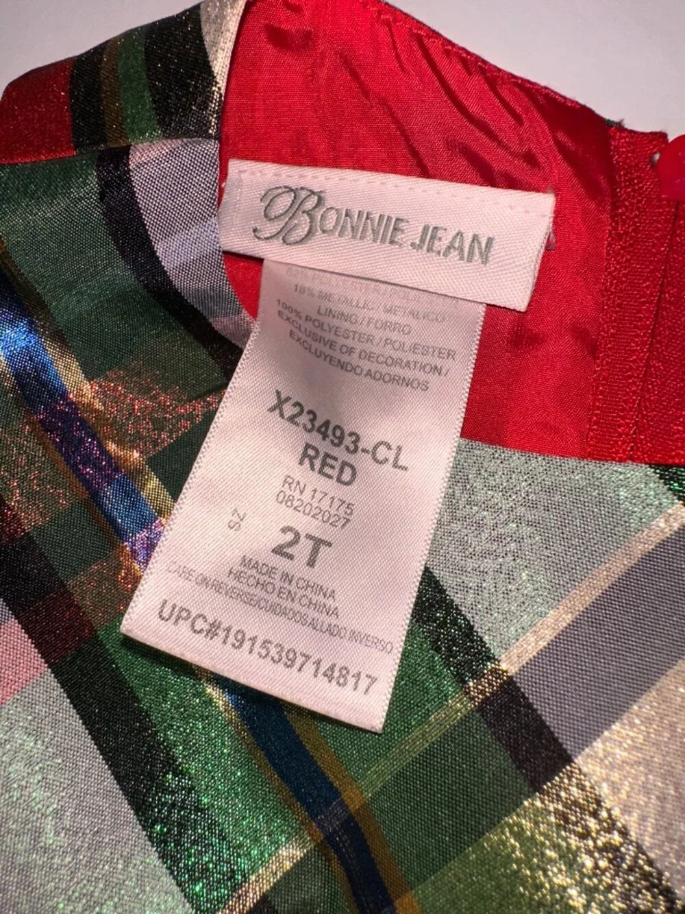 Bonnie Jean Girls 2T Christmas Holiday Plaid with Gold Red Dress Metallic #686